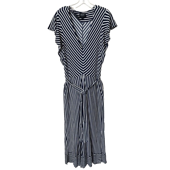 ECI New York Size Large Navy Striped Flutter Sleeve Split Wide Leg Jumpsuit - Picture 1 of 9
